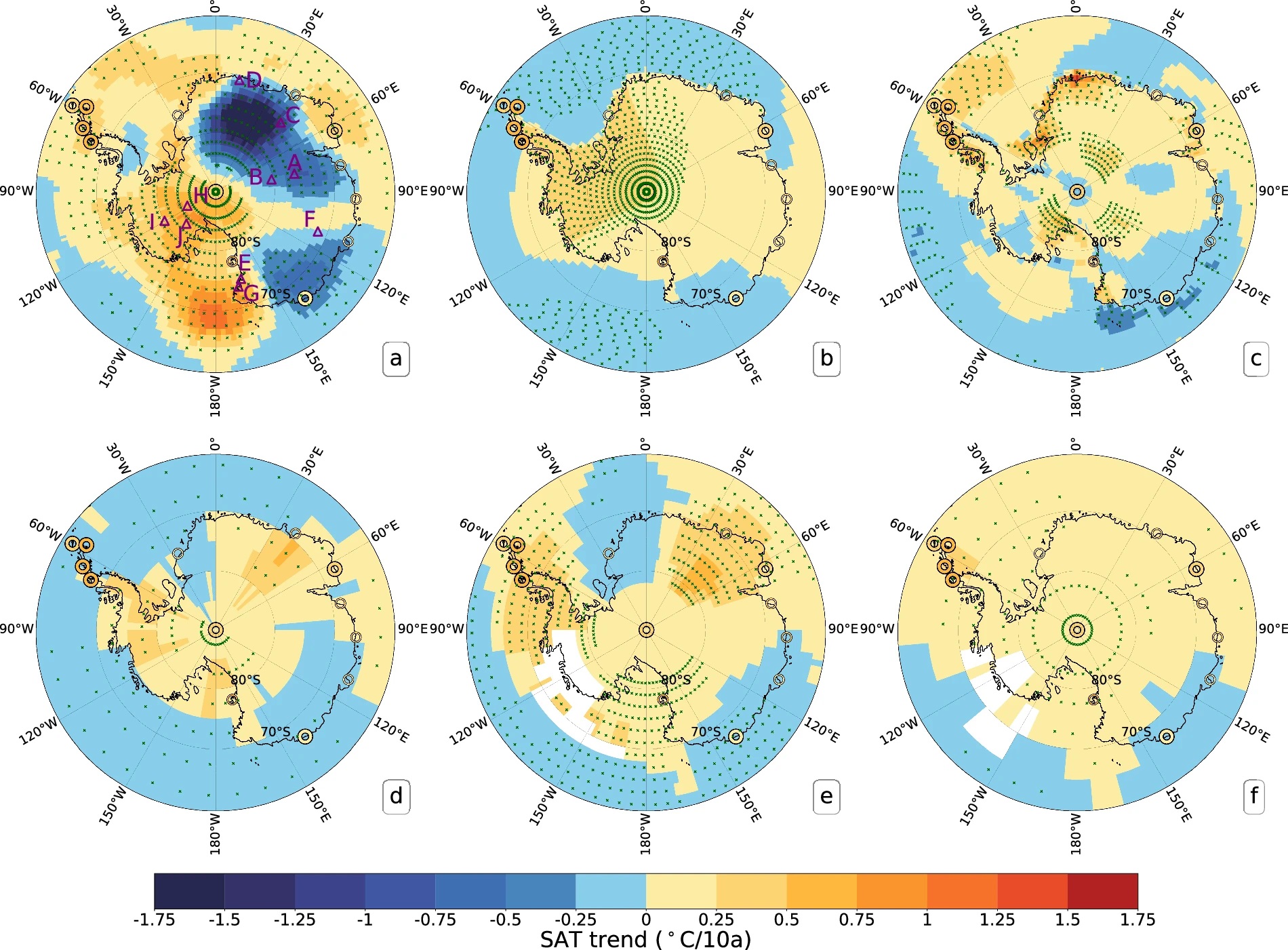 Mapas com as tendências lineares das séries de Temperatura do Ar em Superfície Antárticas anuais de 1979 a 2023. (A) Séries Antárticas Reconstruídas diretamente; (B) base de dados de Berkeley Earth; (C) base de dados ERA5; (D) base de dados NOAAGlobalTemp5.1; (E) base GISTEMPv4 e (F) base de dados HadCRUT5. O significado estatístico menor que 0,05 foi indicado por cruzes verdes. Os círculos coloridos representam as tendências das temperaturas do ar em superfície do conjunto de dados READER, com círculos grossos denotando tendências significativas de aquecimento e círculos finos indicando que as tendências não são estatisticamente significativas pelos modelos empregados. As localizações das estações antárticas usadas para validação de tendências foram marcadas com triângulos roxos. As áreas brancas nas grades indicaram as regiões cujos dados foram considerados insuficientes pelos procedimentos empregados para calcular tendências lineares | Fonte: Nature, 2025