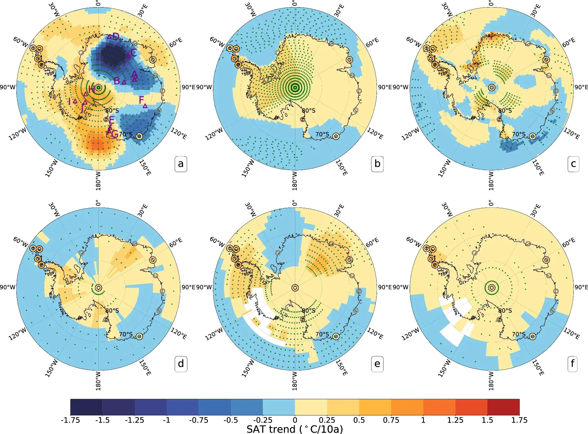 Mapas com as tendências lineares das séries de Temperatura do Ar em Superfície Antárticas anuais de 1979 a 2023. (A) Séries Antárticas Reconstruídas diretamente; (B) base de dados de Berkeley Earth; (C) base de dados ERA5; (D) base de dados NOAAGlobalTemp5.1; (E) base GISTEMPv4 e (F) base de dados HadCRUT5. O significado estatístico menor que 0,05 foi indicado por cruzes verdes. Os círculos coloridos representam as tendências das temperaturas do ar em superfície do conjunto de dados READER, com círculos grossos denotando tendências significativas de aquecimento e círculos finos indicando que as tendências não são estatisticamente significativas pelos modelos empregados. As localizações das estações antárticas usadas para validação de tendências foram marcadas com triângulos roxos. As áreas brancas nas grades indicaram as regiões cujos dados foram considerados insuficientes pelos procedimentos empregados para calcular tendências lineares | Fonte: Nature, 2025