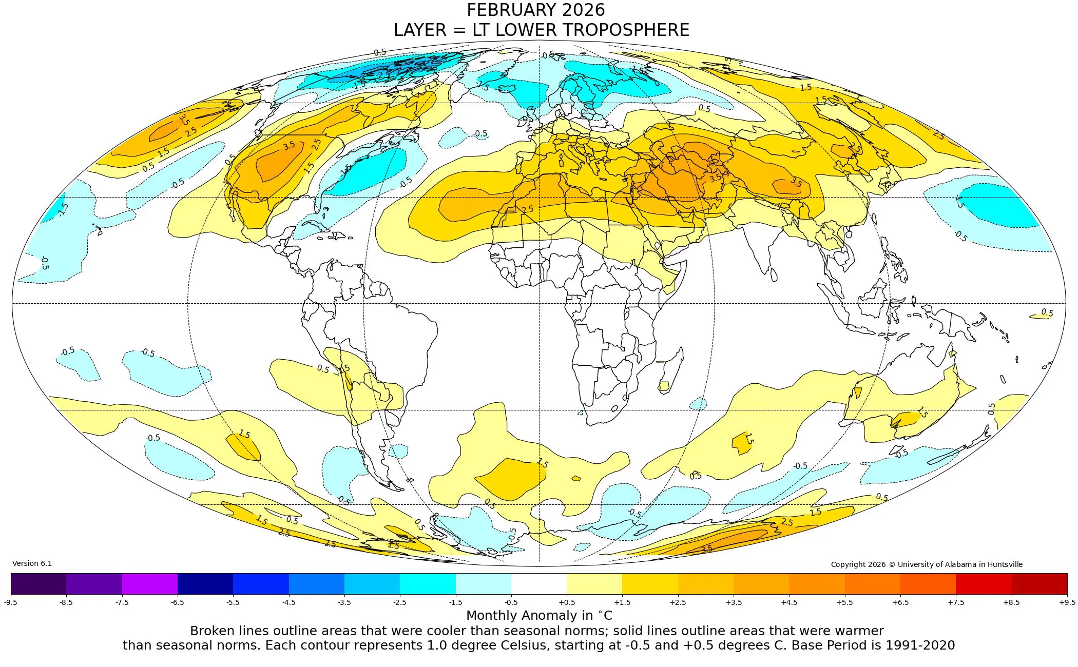 Mapa global com as anomalias de temperaturas da baixa troposfera obtidas pelos satélites de órbita polar da NOAA, com referência climatológica 1991-2020. Médias de fevereiro de 2026. Fonte: UAH, 2026 | Foto: Divulgação/Arquivo pessoal