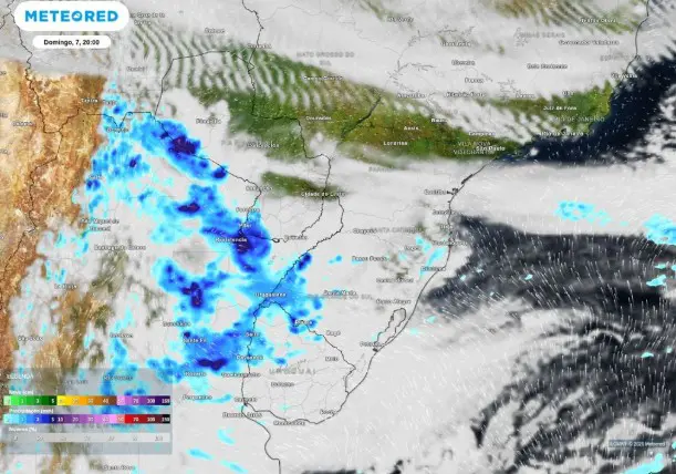 Precipitação e nebulosidade sobre a Região Sul do Brasil para a noite deste domingo, 7