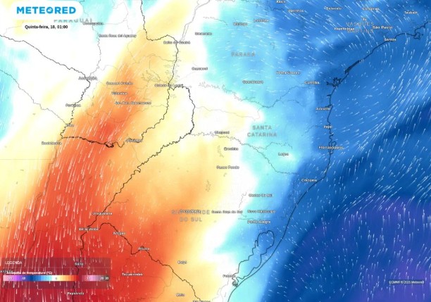 Massa de ar polar perde intensidade sobre o oeste da Região Sul. Contudo, ar frio continua atuando sobre o centro-leste da Região