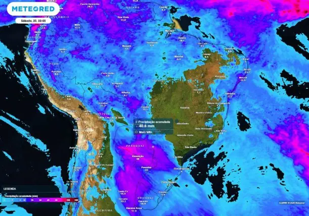O mapa de chuva mostra que os maiores volumes ocorrem entre PR, SC e MS, onde variam entre 30 e 45 mm neste sábado, 20