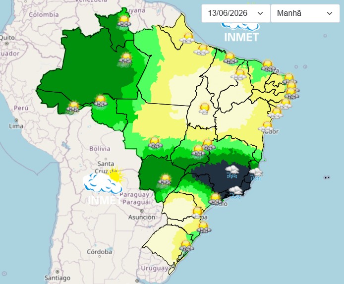 Mapa ilustrativo do Brasil mostra a previsão do tempo para o dia 13 de junho