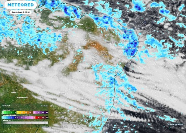 Previsão de precipitação, em mm, e nebulosidade para quarta-feira, 3, à tarde na Região do Nordeste