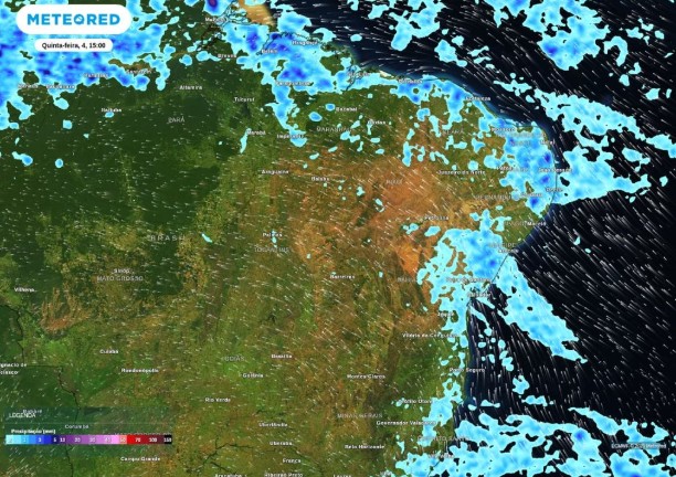 Precipitação prevista para a tarde desta quinta-feira, 4, em áreas do Norte e Nordeste do Brasil