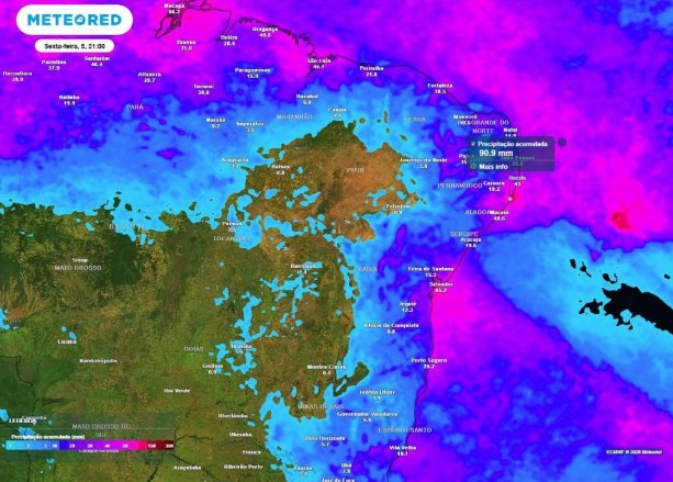Previsão do acumulado de precipitação (mm) para o Nordeste nesta sexta-feira
