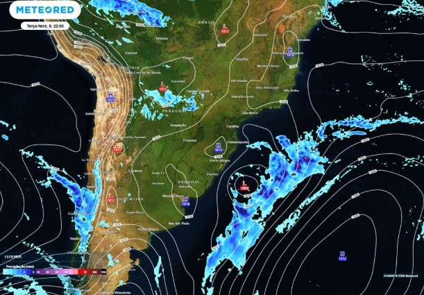 Previsão de chuva e pressão para a noite da terça-feira, 9 de junho. Ciclone formado suga a umidade e nova áreas instável passa a atuar no Mato Grosso do Sul