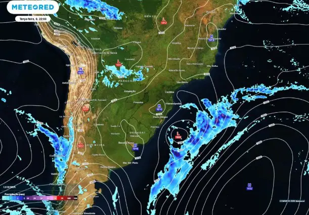 Previsão de chuva e pressão para a noite da terça-feira, 9 de junho. Ciclone formado suga a umidade e nova áreas instável passa a atuar no Mato Grosso do Sul
