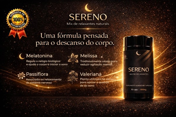 Infográfico do suplemento alimentar Sereno da Vitae Gold, detalhando a fórmula com melatonina, melissa, passiflora e valeriana ao lado do frasco do produto.