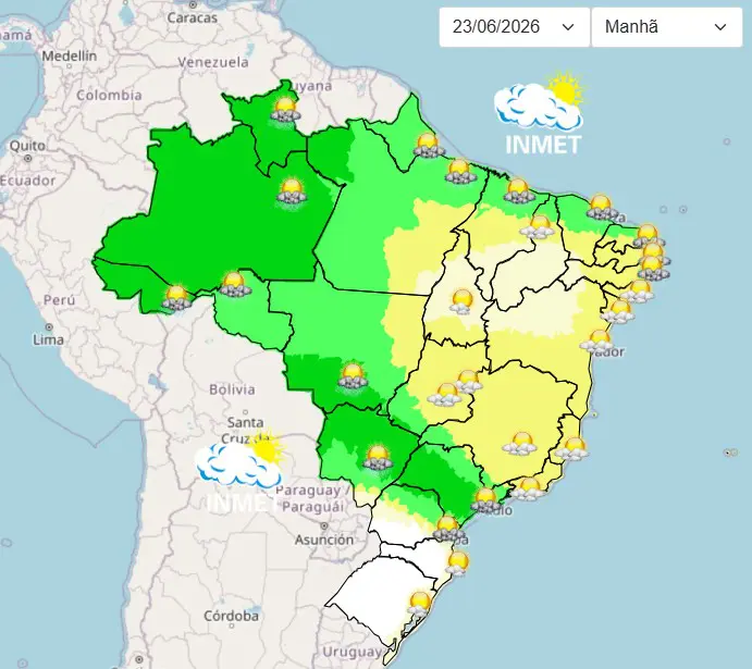 O mapa do clima do Brasil no site do Inmet mostra áreas com risco de chuvas intensas
