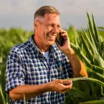 Produtor rural avalia plantas de milho e conversa ao telefone durante o acompanhamento do desenvolvimento da safra.