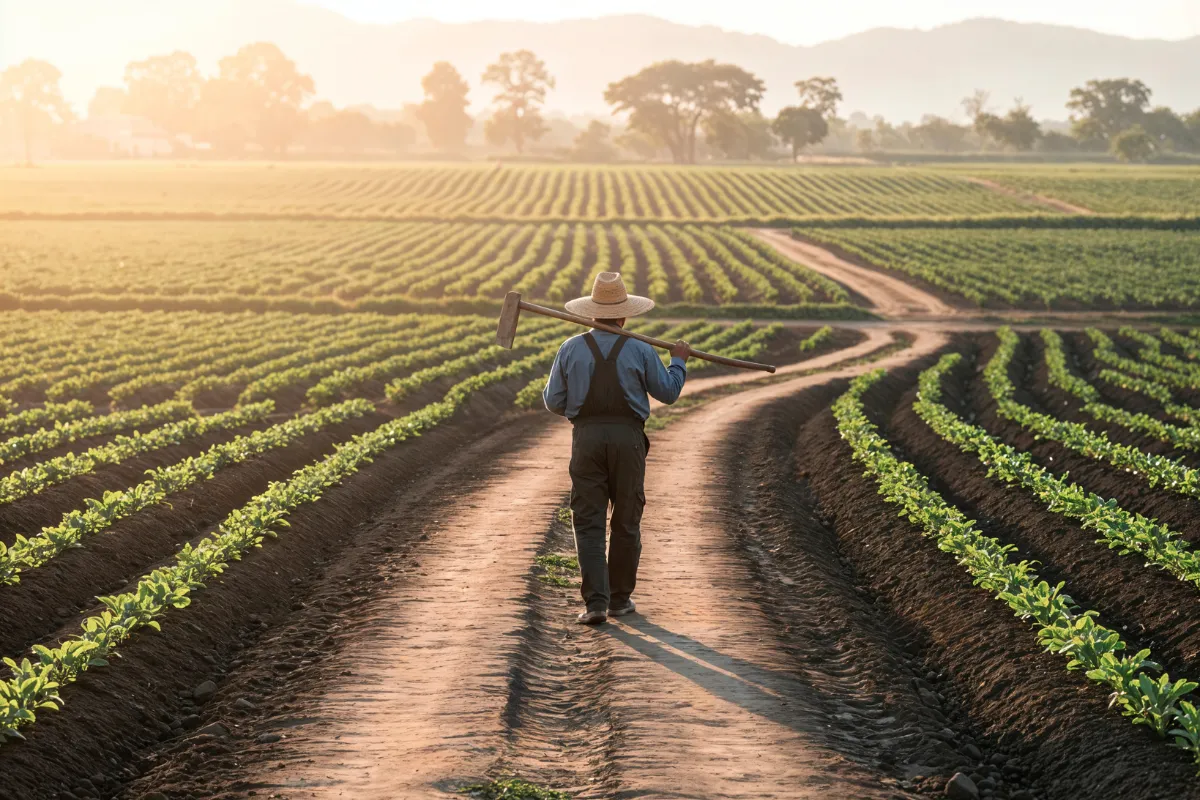 Agricultor percorre lavoura carregando ferramenta de trabalho em área cultivada com diferentes estágios de crescimento.