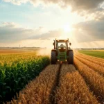 Trator percorre área de cultivo entre lavouras de grãos ao entardecer, representando a força do agronegócio brasileiro.