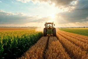 Trator percorre área de cultivo entre lavouras de grãos ao entardecer, representando a força do agronegócio brasileiro.