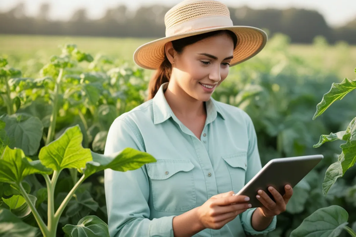Produtora rural usando tablet em plantação para acompanhar informações sobre produção agrícola no Brasil.