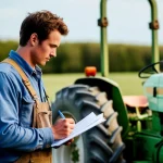 Produtor rural fazendo anotações ao lado de trator em área agrícola durante planejamento de atividades do agronegócio no Brasil.