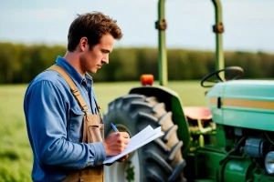 Produtor rural fazendo anotações ao lado de trator em área agrícola durante planejamento de atividades do agronegócio no Brasil.