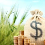 Saco com símbolo de dinheiro e moedas ao lado de plantação representando renda gerada pelo agronegócio no PIB brasileiro.