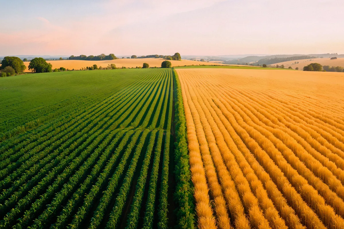 Vista aérea de duas áreas agrícolas em estágios distintos de desenvolvimento, ilustrando períodos diferentes do calendário agrícola.