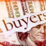 Palavra "buyers" sobre notas de dólar representando compradores internacionais do agronegócio e comércio exterior.