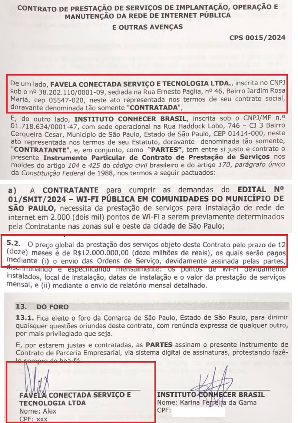 Contrato entre o Instituto Conhecer Brasil e a empresa Favelas Conectadas