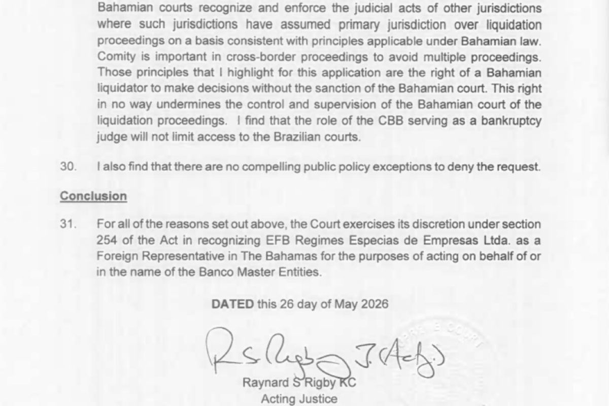 Bahamas reconhece liquidação do Master e libera busca por ativos do grupo