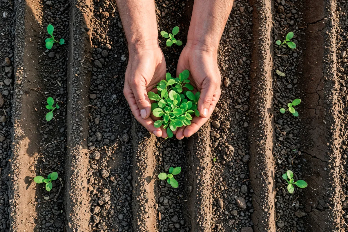 Mãos protegem planta jovem em lavoura organizada, representando o crescimento das principais culturas agrícolas brasileiras.
