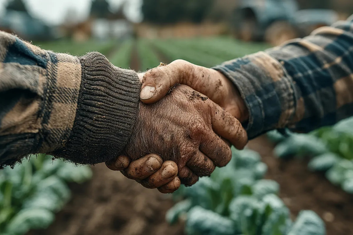 Aperto de mãos entre produtores rurais em lavoura representando parceria dentro do agro e da agricultura.