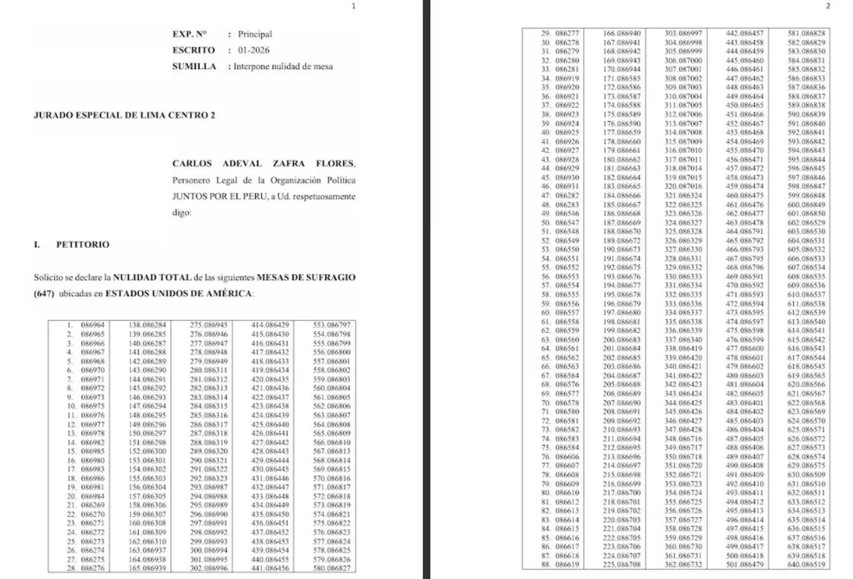 Documento oficial que demonstra o pedido da Juntos por el Perú para anular as seções eleitorais localizadas nos Estados Unidos, com uma lista detalhada das seções eleitorais afetadas | Reprodução