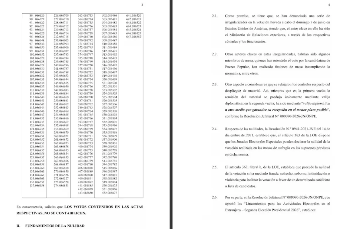 Documento oficial que demonstra o pedido da Juntos por el Perú para anular as seções eleitorais localizadas nos Estados Unidos, com uma lista detalhada das seções eleitorais afetadas | Reprodução