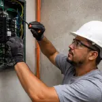 Eletricista autônomo usando capacete branco e óculos de proteção trabalhando em um quadro de energia elétrica