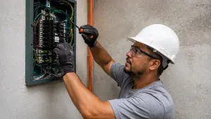 Eletricista autônomo usando capacete branco e óculos de proteção trabalhando em um quadro de energia elétrica