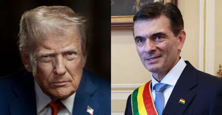 À esquerda, o presidente dos EUA, Donald Trump; à direita, o presidente da Bolívia, Rodrigo Paz | Fotos: Reprodução/Wikimedia Commons