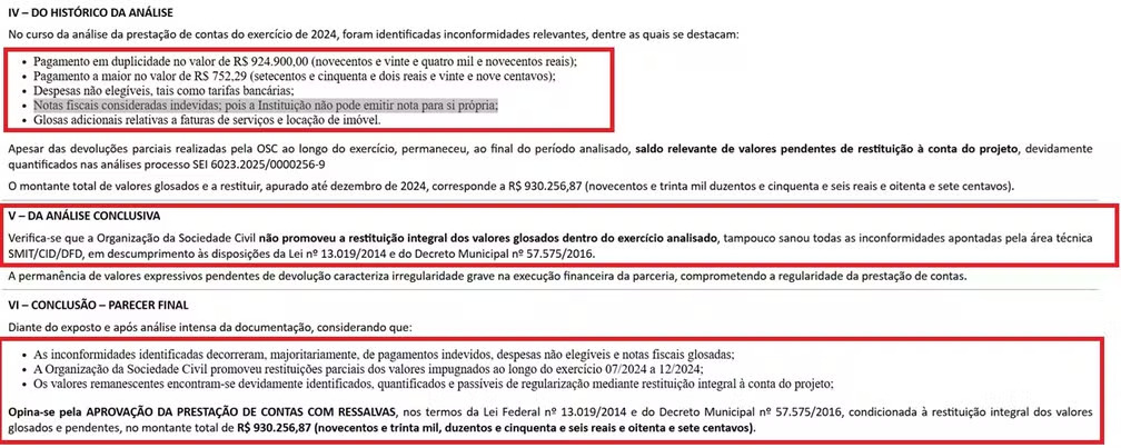 Parecer da secretaria de Inovação e Tecnologia apontando irregularidades nas prestações de conta da ONG