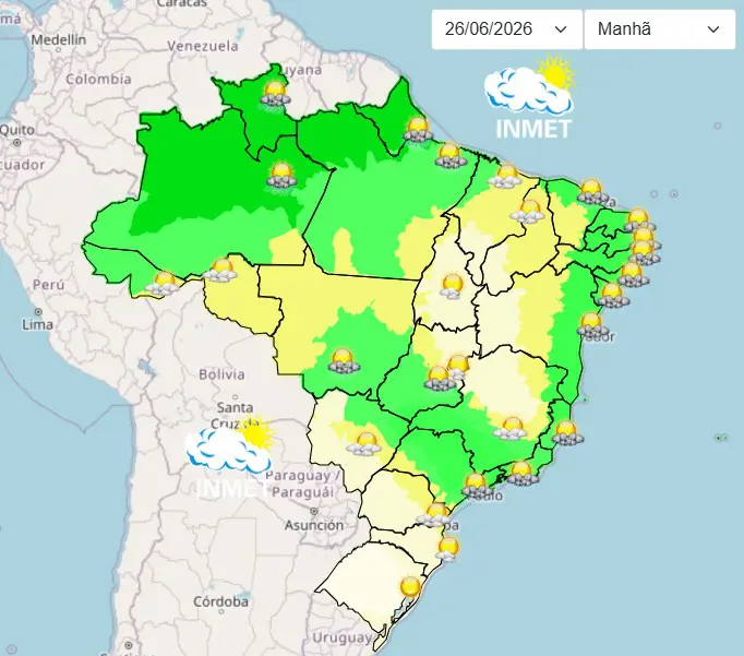 No mapa do clima do Brasil, disponível no site do Inmet, as áreas representadas na cor verde demonstram chuvas intensas
