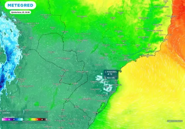 A previsão indica temperaturas abaixo de 0°C na Serra Gaúcha e Catarinense, nesta quinta-feira, 25