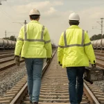Profissionais de segurança caminhando sobre trilhos ferroviários durante inspeção de transporte de cargas.