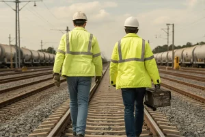 Profissionais de segurança caminhando sobre trilhos ferroviários durante inspeção de transporte de cargas.