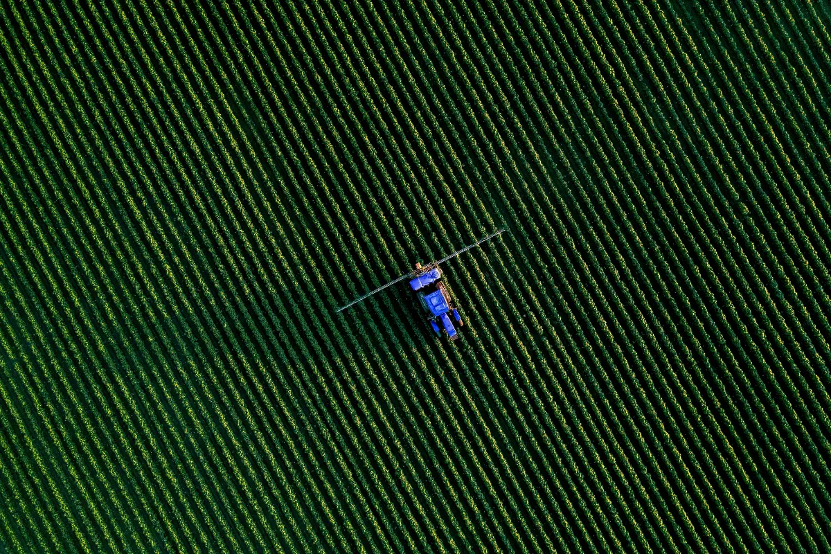 Vista aérea de pulverizador agrícola operando em plantação organizada em linhas paralelas.