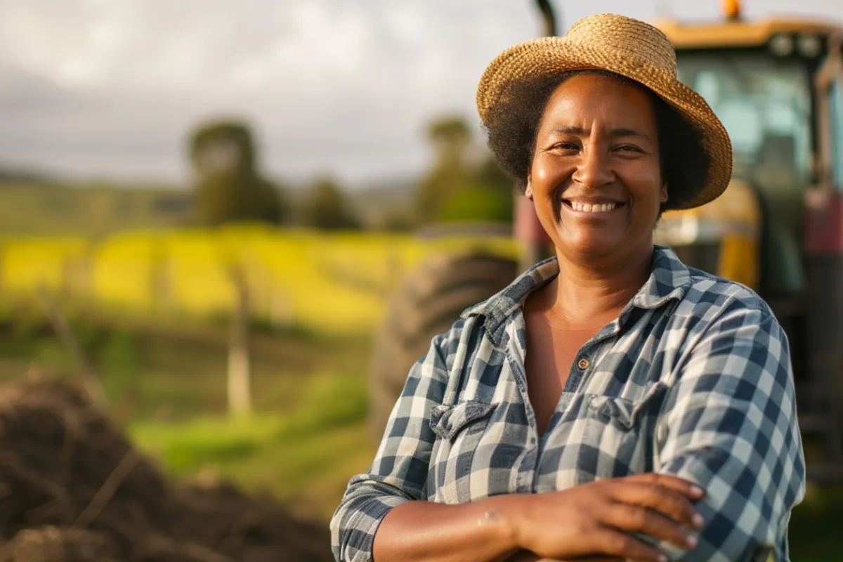 Produtora rural sorrindo em propriedade agrícola com trator ao fundo.
