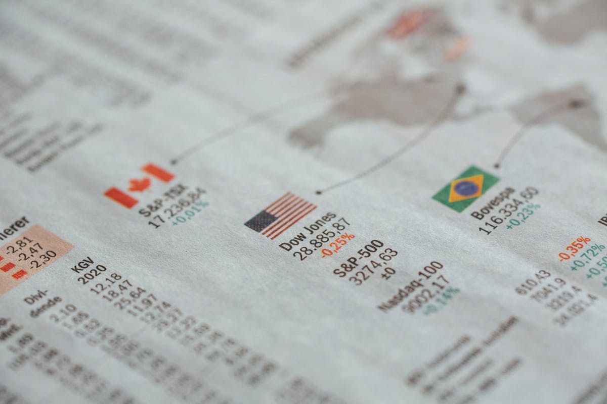 Relatório financeiro exibindo índices de bolsas de valores e indicadores econômicos globais.