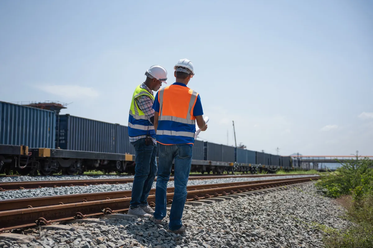 Profissionais avaliando transporte ferroviário de cargas ao lado de vagões de contêineres.