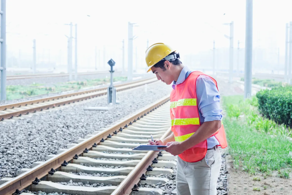 Inspetor ferroviário preenchendo relatório de manutenção em trilhos de transporte de cargas.