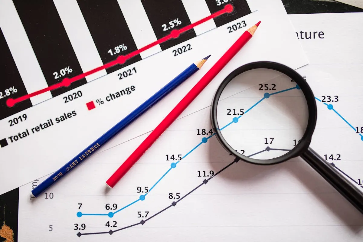Vista superior em plano detalhado de impressões com gráficos financeiros de linhas e barras, um lápis de cor azul, um lápis de cor vermelho longo e uma lupa de cabo preto focando números em uma linha azul.