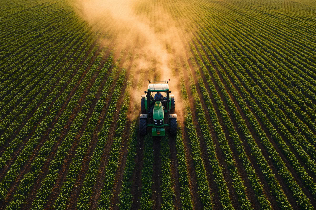 Trator percorre fileiras de cultivo em crescimento, realizando operações essenciais para o desenvolvimento da lavoura.
