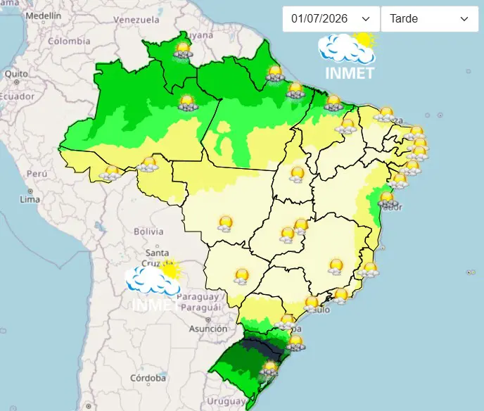 O mapa do clima do Brasil para o dia 1º de julho mostra chuvas intensas, com possibilidade de granizo, em Santa Catarina