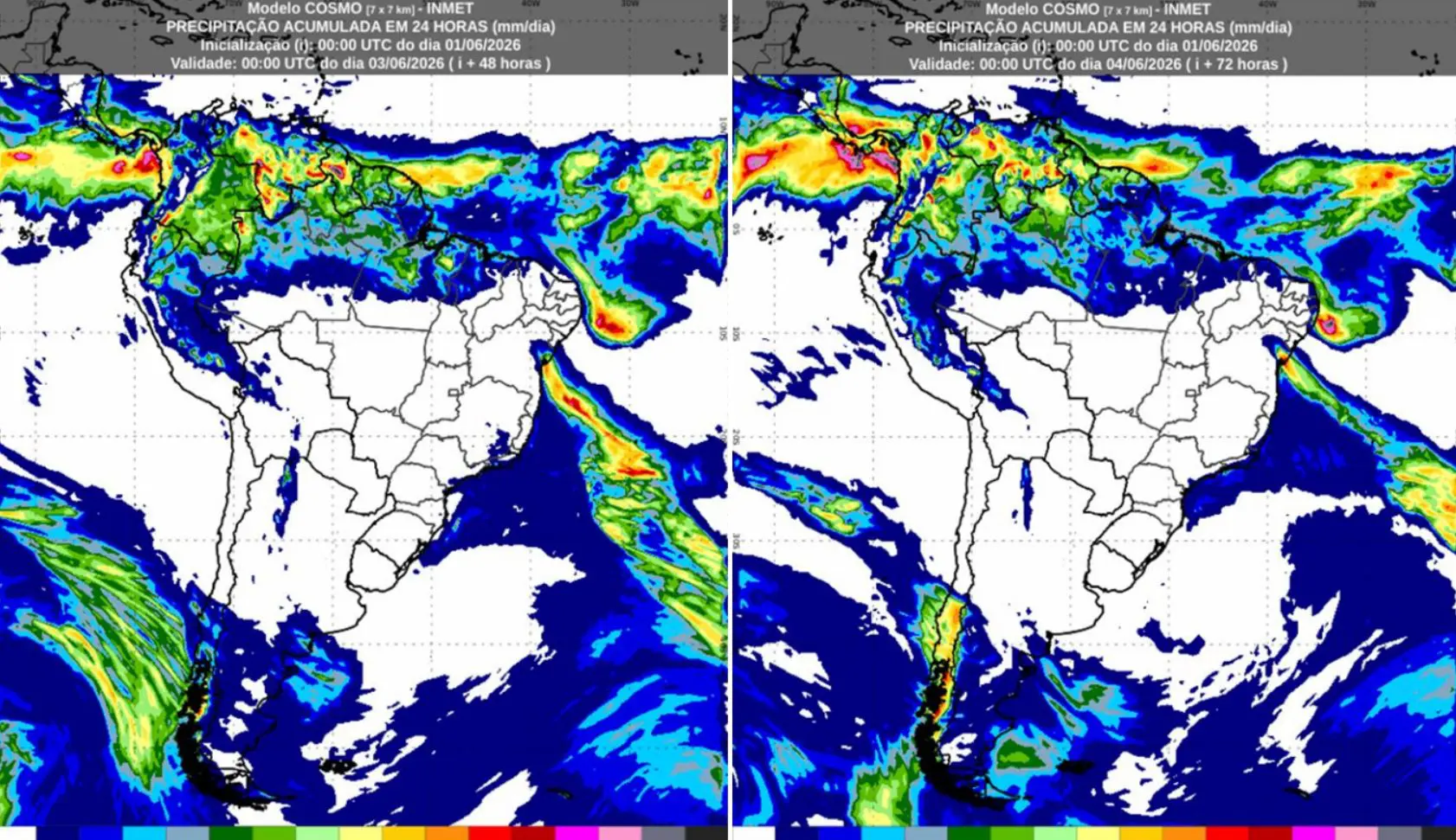 Chuva acumulada prevista para o dia 02 (esquerda) e dia 03 (direita) do modelo Cosmo | Fonte: INMET
