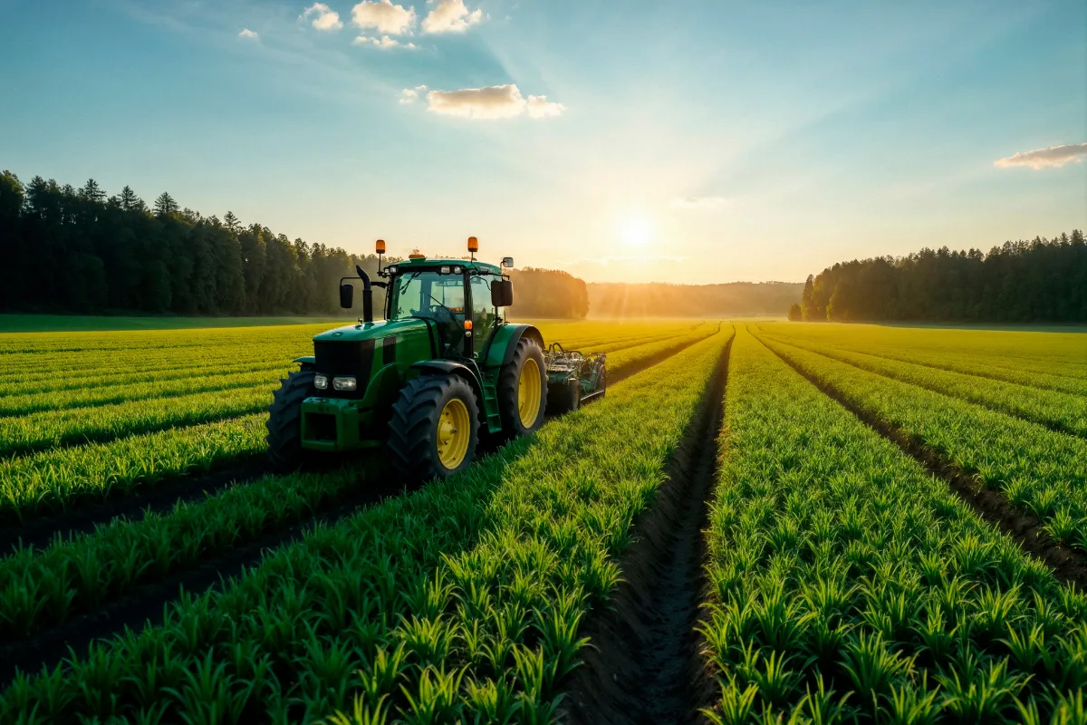 Trator trabalha em área cultivada durante o amanhecer, demonstrando eficiência e modernização do agronegócio brasileiro.
