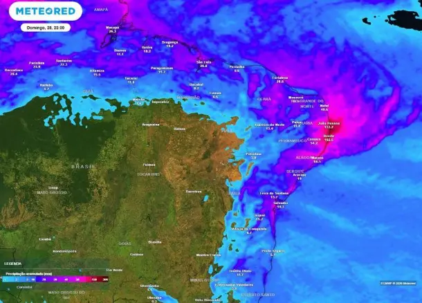 Previsão de precipitação acumulada (em mm) entre sexta-feira, 26 e a noite do domingo, 28, no Nordeste do país