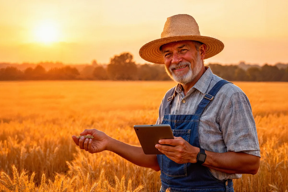 Agricultor utiliza tablet em campo de trigo enquanto avalia grãos colhidos e acompanha informações da safra.